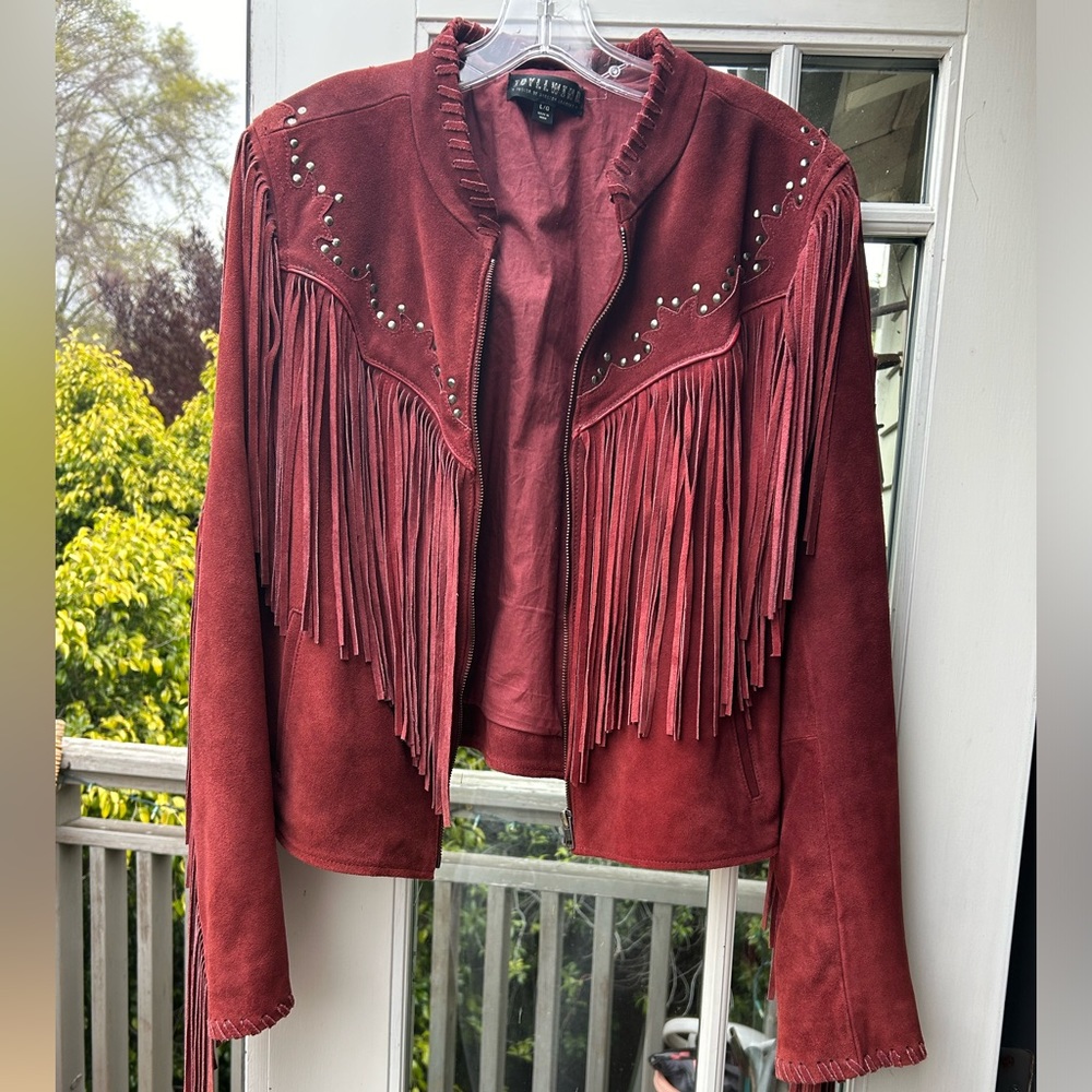 Idllywind by Miranda Lambert Burgandy Suede Fringe Studded Jacket Size Large.